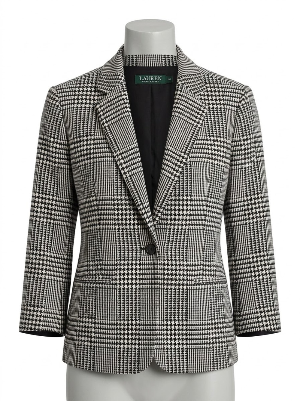 Ralph Lauren Black and White Glen Plaid Single-Button Blazer
